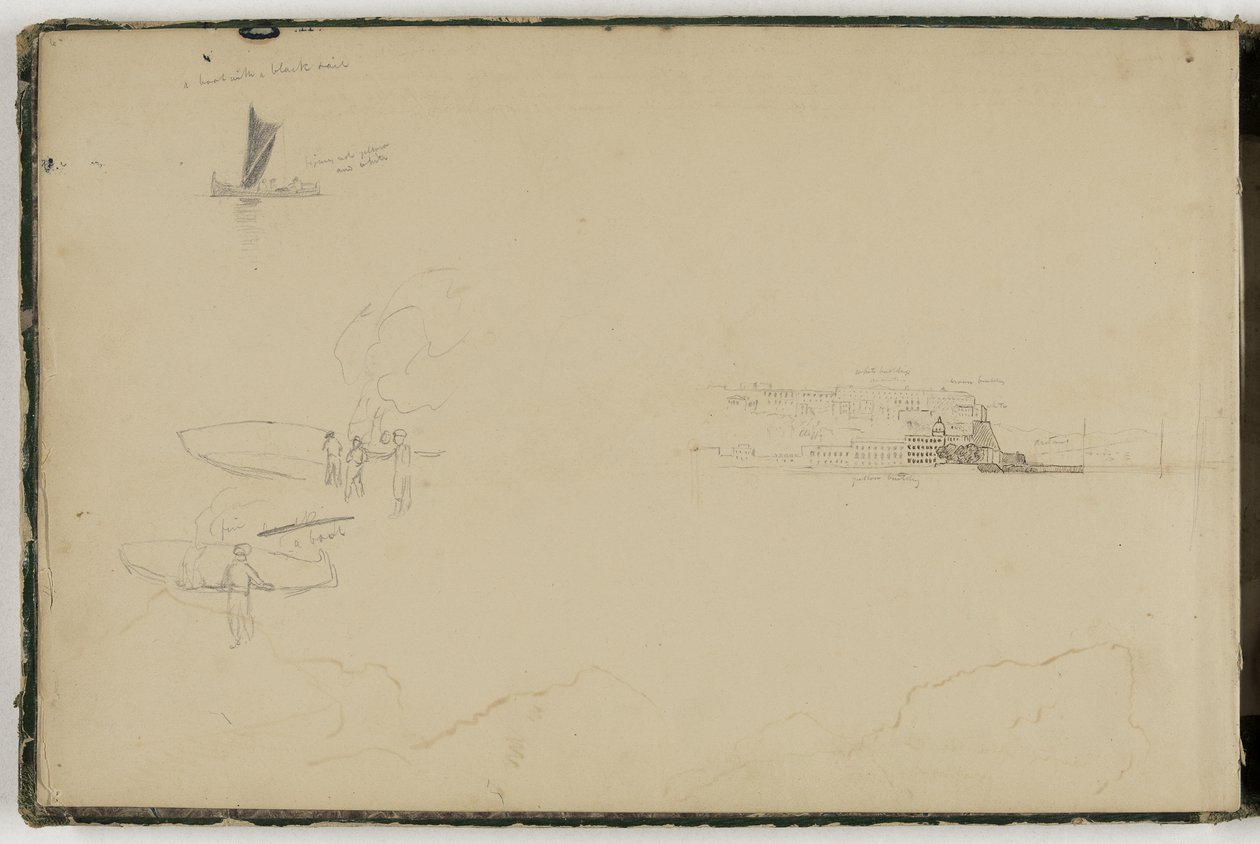 Panorama over Napolibukten, ca. 1832 (penn og brunt blekk over grafittblyant på off-white vevd papir) av Thomas Cole