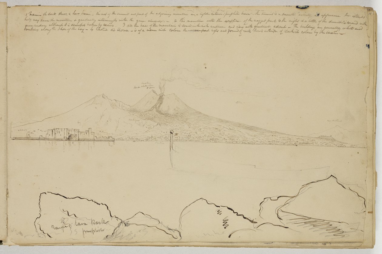 Panorama over Napolibukten, ca. 1832 (penn og brunt blekk over grafittblyant på off-white vevd papir) av Thomas Cole