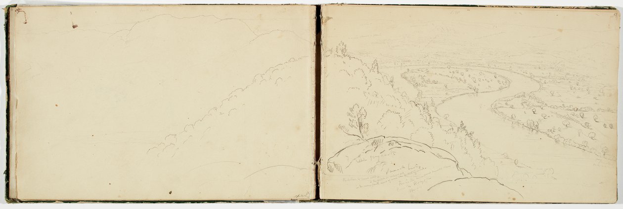 Panorama av Oxbow på Connecticut River sett fra Mount Holyoke, ca. 1833 (grafittblyant på vevd papir) av Thomas Cole