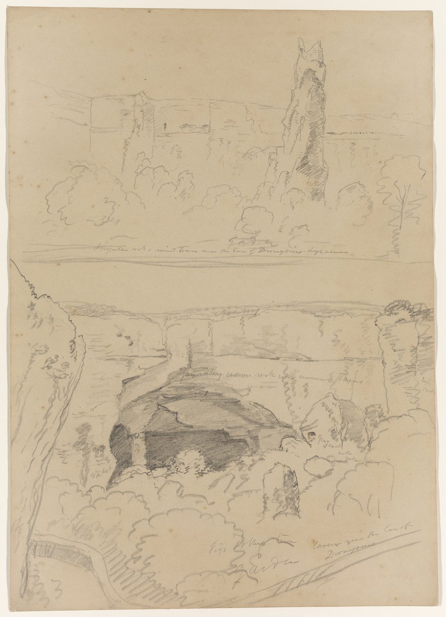 Stein, tårnruiner og hule nær øret til Dionysos, Syracuse, Sicilia, 1842 av Thomas Cole