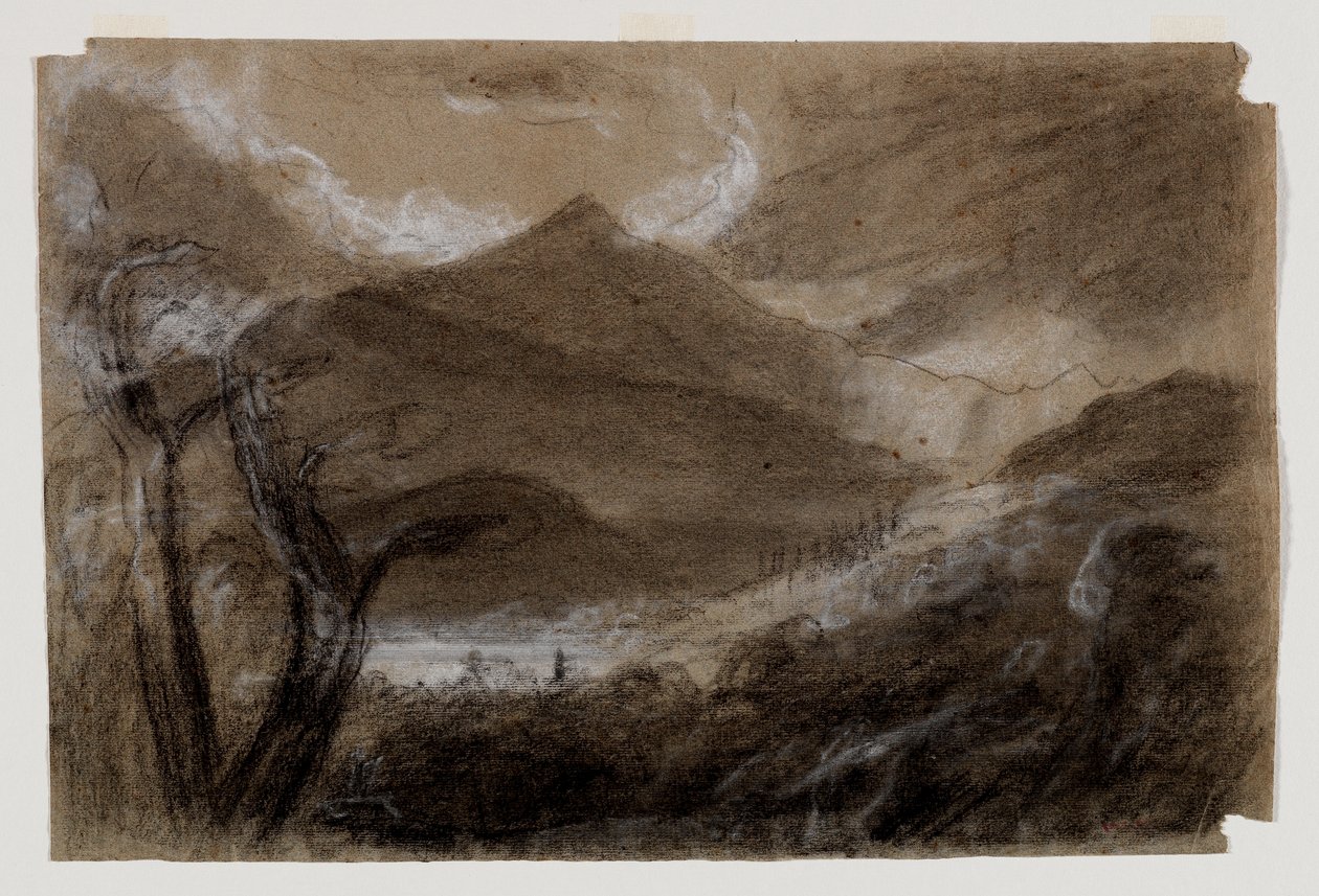 Schroon Mountain, Adirondacks, ca. 1837 (svart og hvitt kritt på grått vevd papir) av Thomas Cole