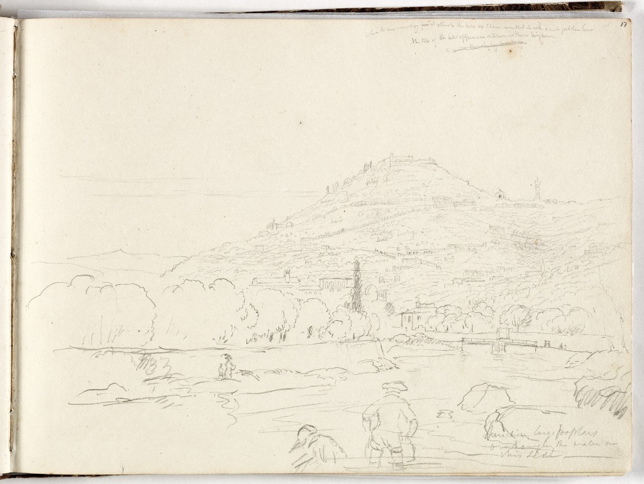 Skisse av bakketopp, elvebredd og figurer, 1831 av Thomas Cole