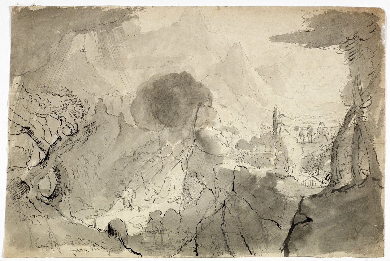 Study for Expulsion from the Garden of Eden, 1828 (svart vask, penn og svart blekk, og grafitt på kremvevd papir) av Thomas Cole