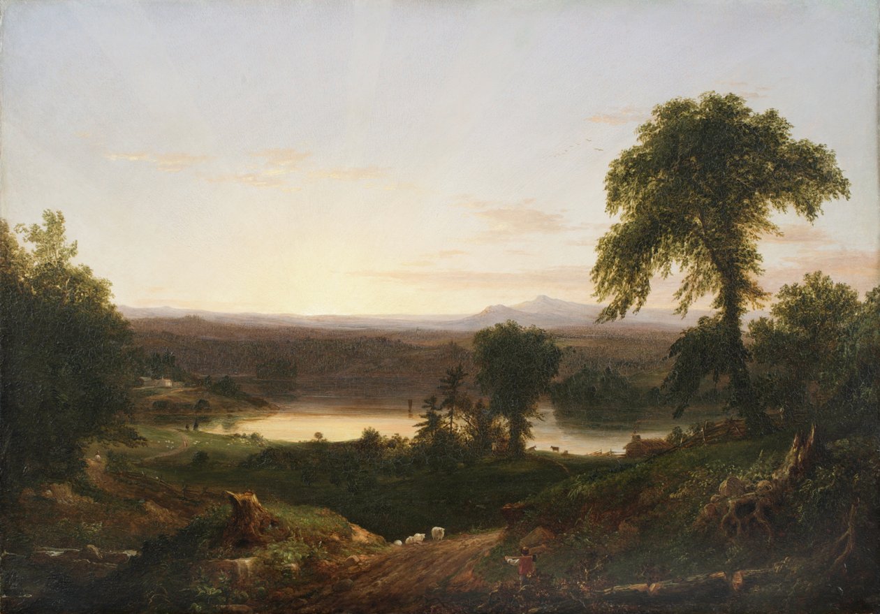 Summer Twilight, A Recollection of a Scene in New England, 1834 (olje på trepanel) av Thomas Cole