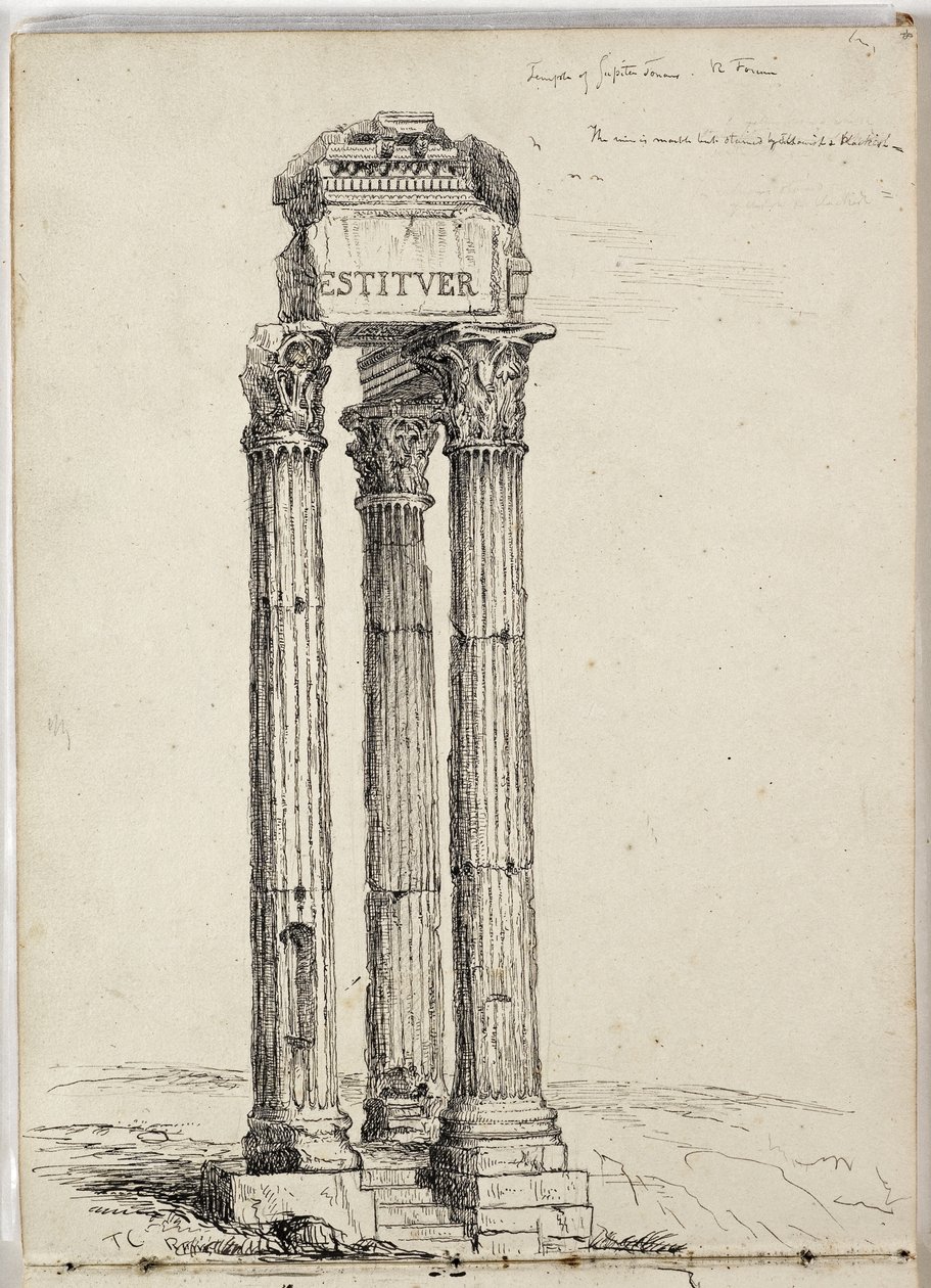 Vespasians tempel, kalt tempelet til Jupiter Tonans, Roman, Forum, ca. 1831 (penn og blekk over blyant på papir) av Thomas Cole