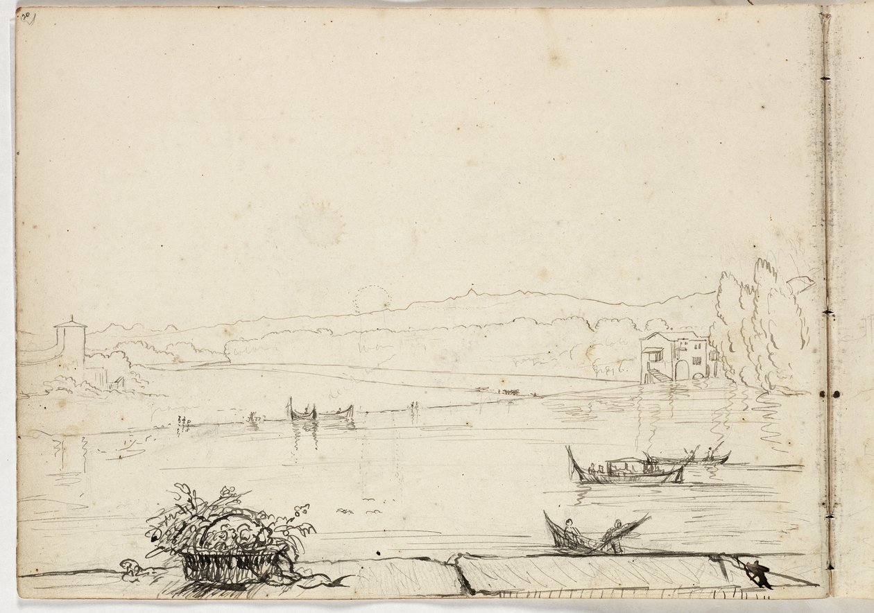 Uten tittel (studie av en elvescene med båter) 1831 (penn og blekk over blyant på papir) av Thomas Cole