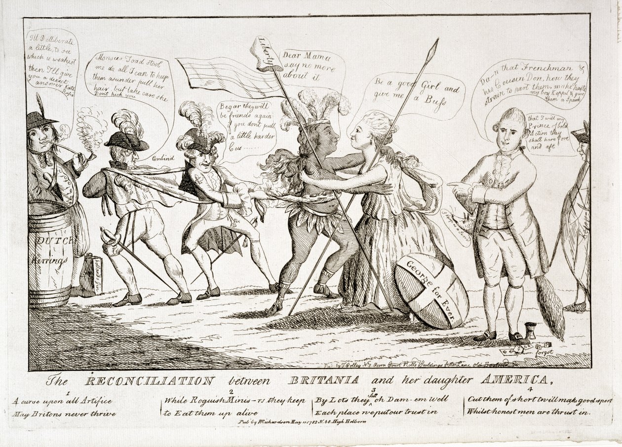 The Reconciliation Between Britannia and her Daughter America, pub. av W. Richardson, 11. mai 1782 av Thomas Colley
