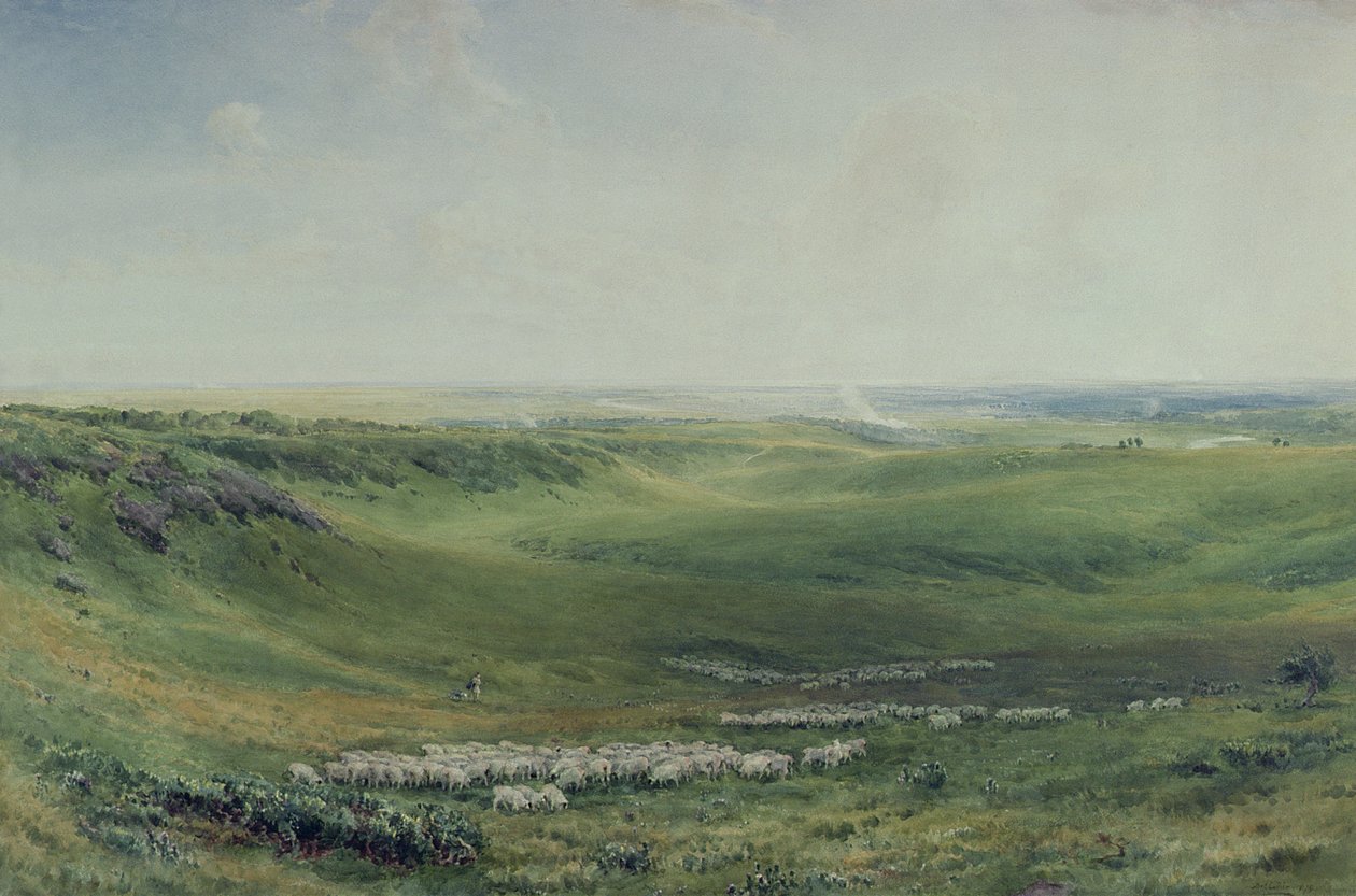 Brede beitemarker, Sussex (akvarell) av Thomas Collier