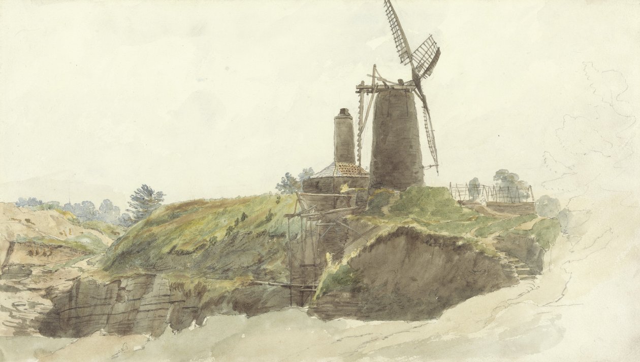 Landskap med vindmølle (wc med vask over grafitt på papir) av Thomas Creswick