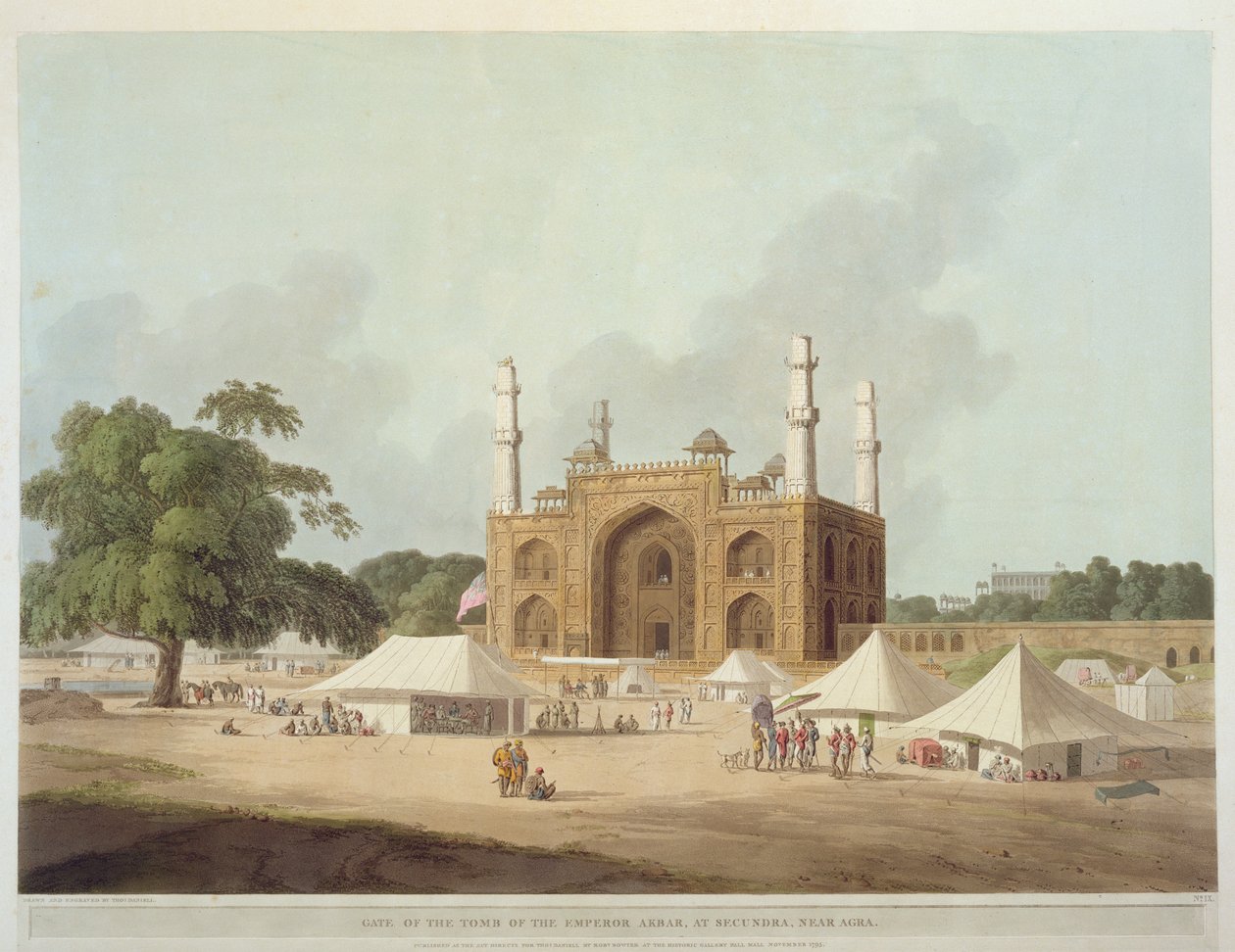Porten til graven til keiser Akbar (1542-1605), i Secundra, Agra, fra 'Oriental Scenery: Twenty Four Views in Hindoostan', 1795 av Thomas Daniell