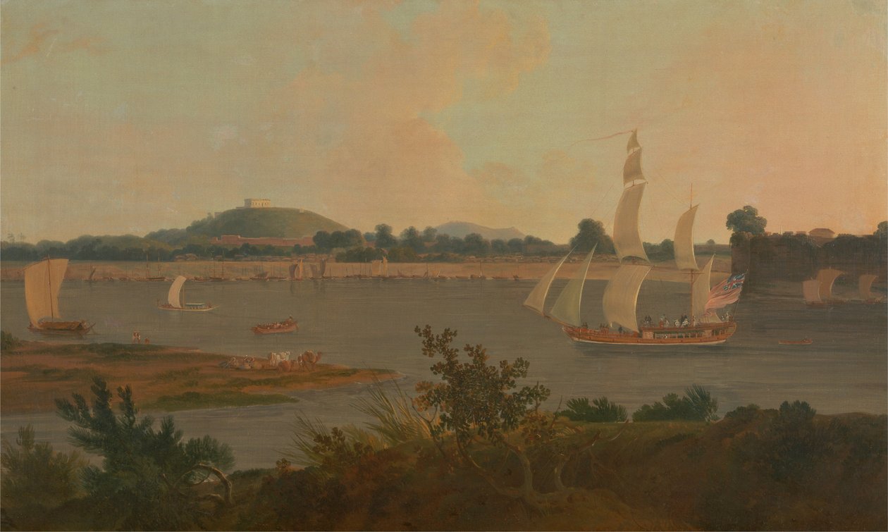 Pinnace seiler ned Ganges forbi Monghyr Fort av Thomas Daniell