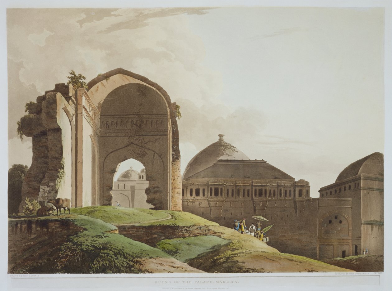 Ruinene av palasset, Madura, plate 17 fra del 2 av Oriental Scenery, gravert av kunstneren og William Daniell (1769-1837) 1798 (akvatint) av Thomas Daniell