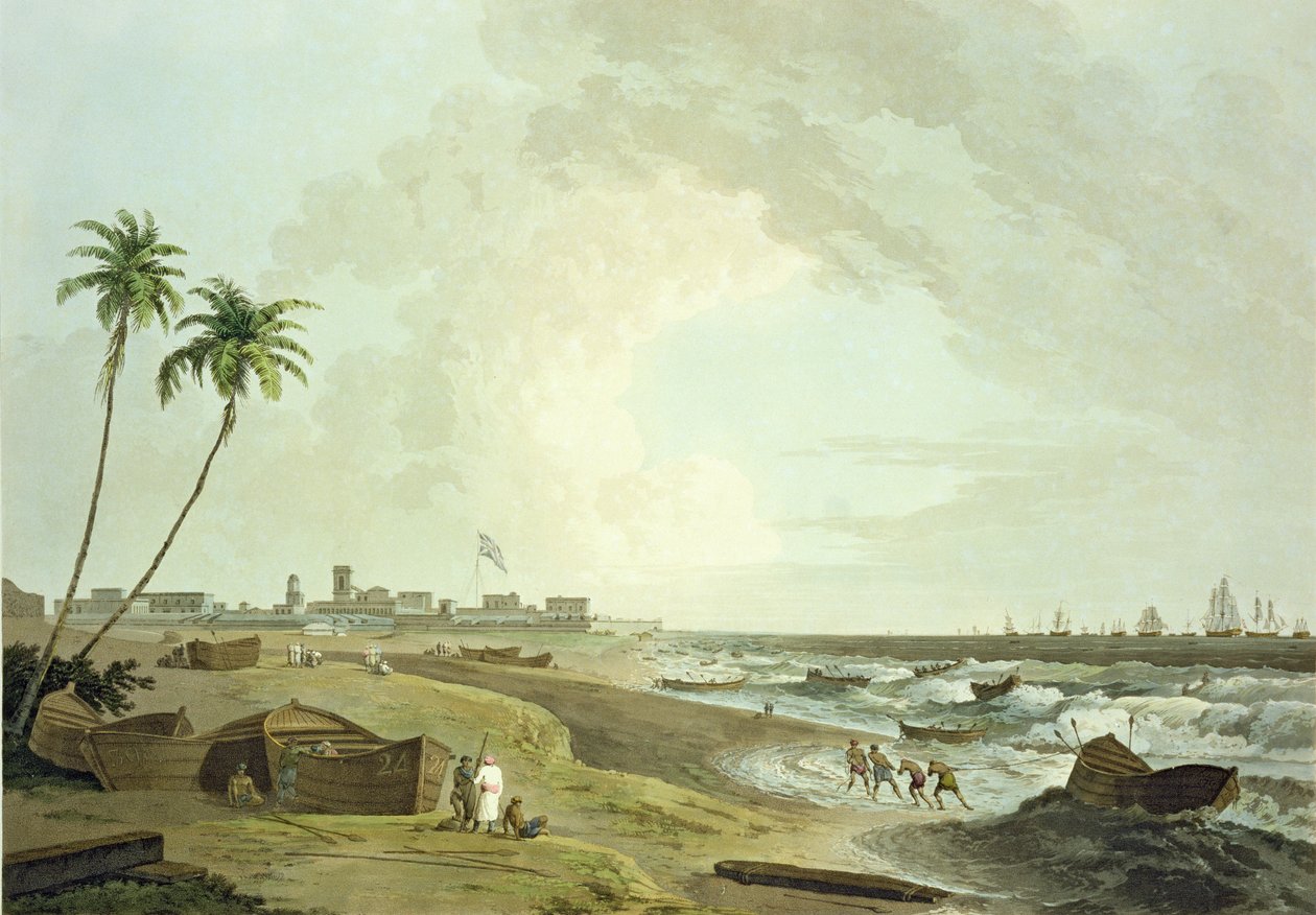 South East View of Fort St. George, Madras, plate 33 fra 'Oriental Scenery: Twenty Four Views in Hindoostan', gravert av Thomas og William (1769-1837) Daniell, publisert 1797 av Thomas Daniell