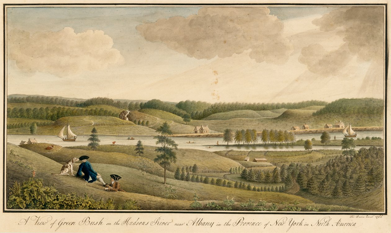 En utsikt over Greenbush på Hudson River nær Albany, i provinsen New York, 1766 (wc og svart blekk over grafitt på papir) av Thomas Davies