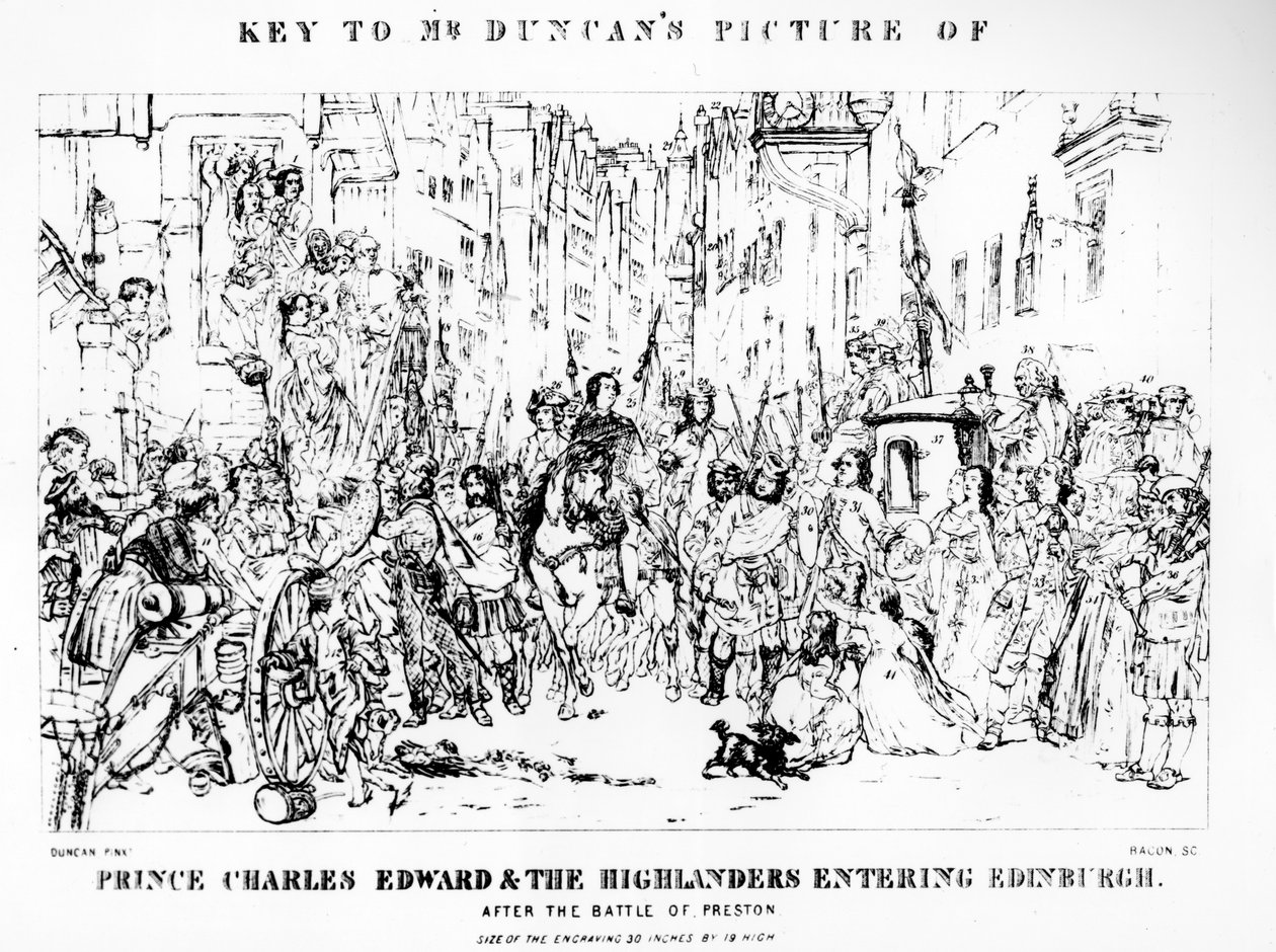 Nøkkelen til Mr Duncans bilde av prins Charles Edward (1720-88) og høylanderne som kommer inn i Edinburgh etter slaget ved Preston, 21. september 1745, gravert av Bacon (se 10 av Thomas Duncan