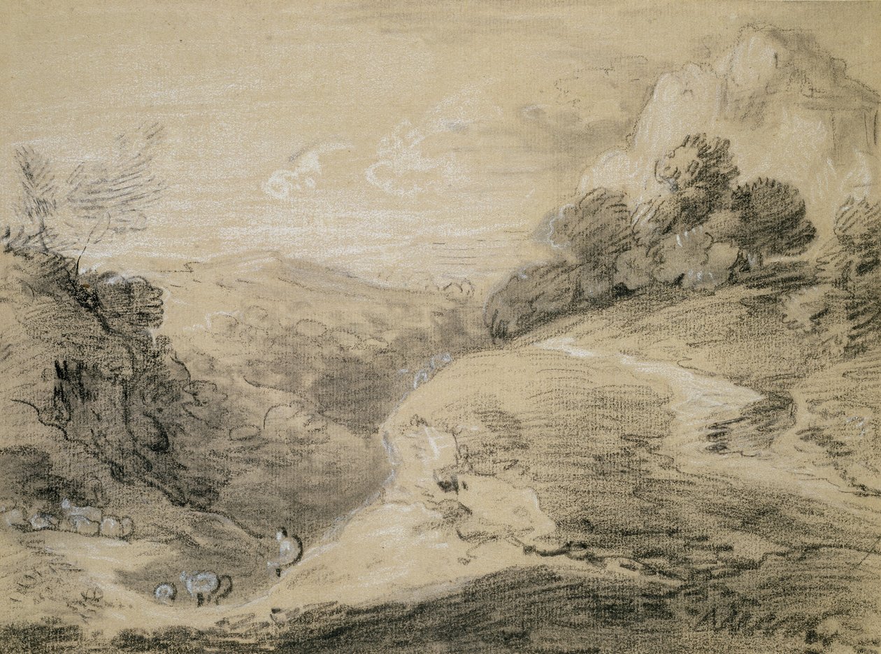 Et kupert landskap med gjeter og sauer (svart-hvitt kritt på buff-papir) av Thomas Gainsborough