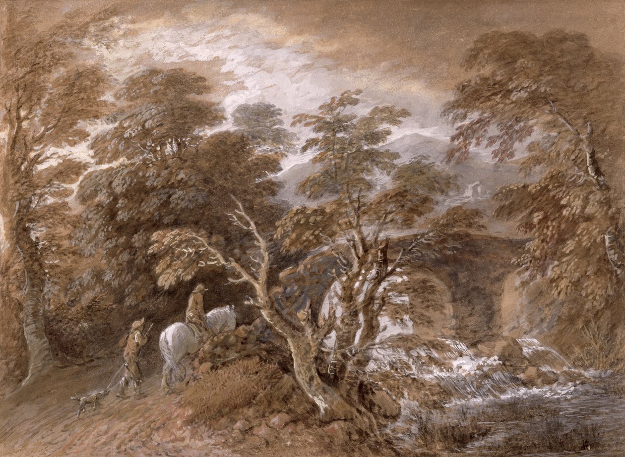 A Woodland Pool with Rocks and Plants, ca. 1765-70 (wc og svart kritt over grafitt med oljemaling på papir) av Thomas Gainsborough