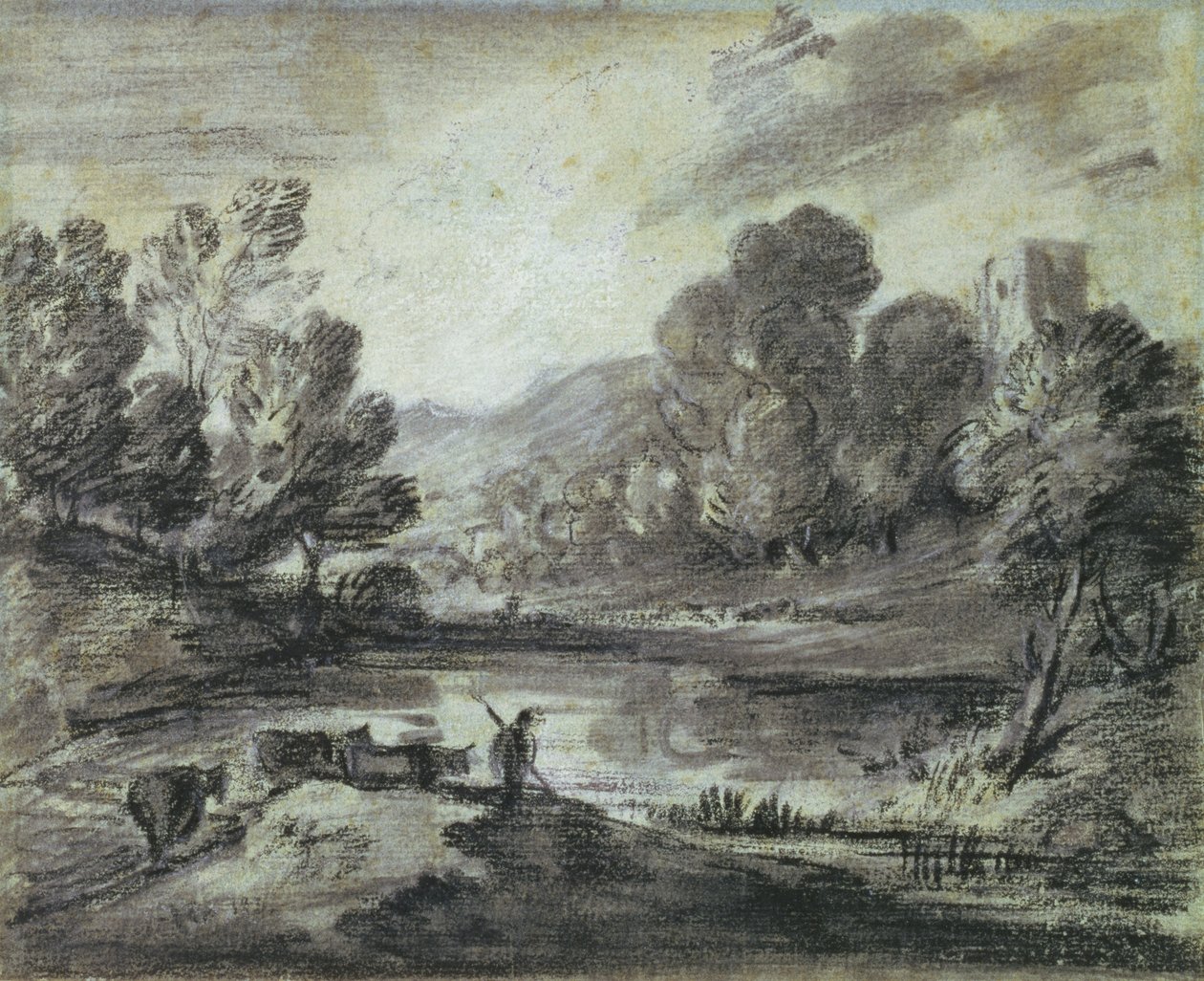 Et kupert landskap, ca. 1775-80 (svart kritt, stubbe og hvitt kritt på blått papir) av Thomas Gainsborough
