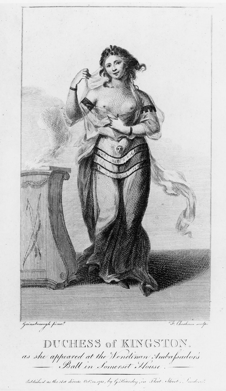 Elizabeth Chudleigh (1720-88) hertuginne av Kingston da hun dukket opp på den venetianske ambassadørens ball i Somerset House, gravert av Francis Chesham (1749-1806) (gravering) (bw foto) av Thomas Gainsborough
