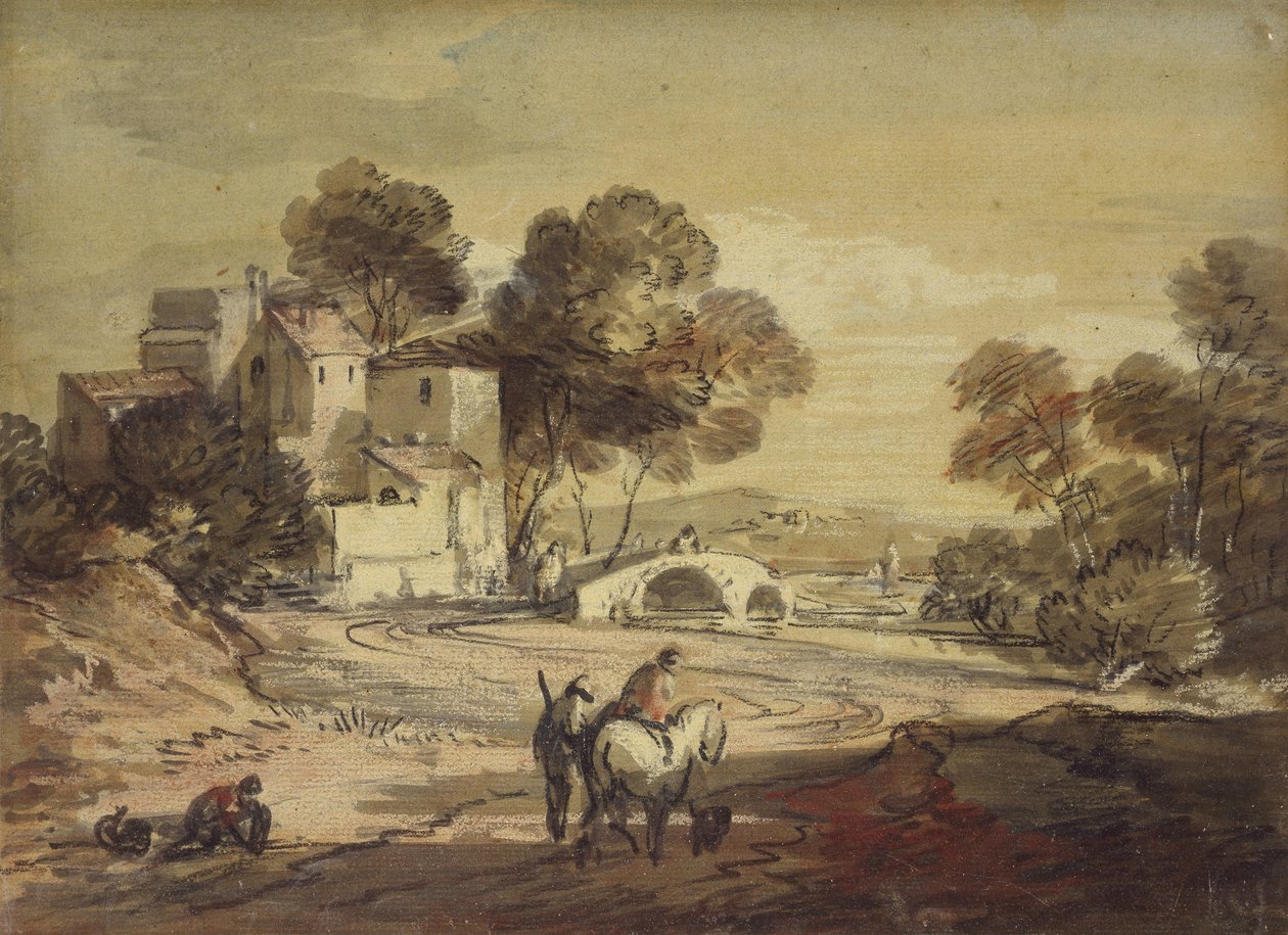 Italiensk landskap med reisende på en svingete vei, 1775 - 1779 (svart kritt med akvarell og kroppsfarge, lakkert) av Thomas Gainsborough