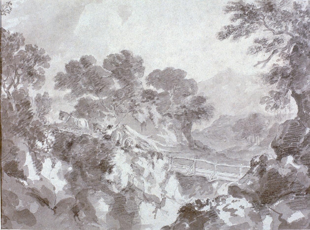 Landskap med bro (wc, blyant og kritt på papir) av Thomas Gainsborough
