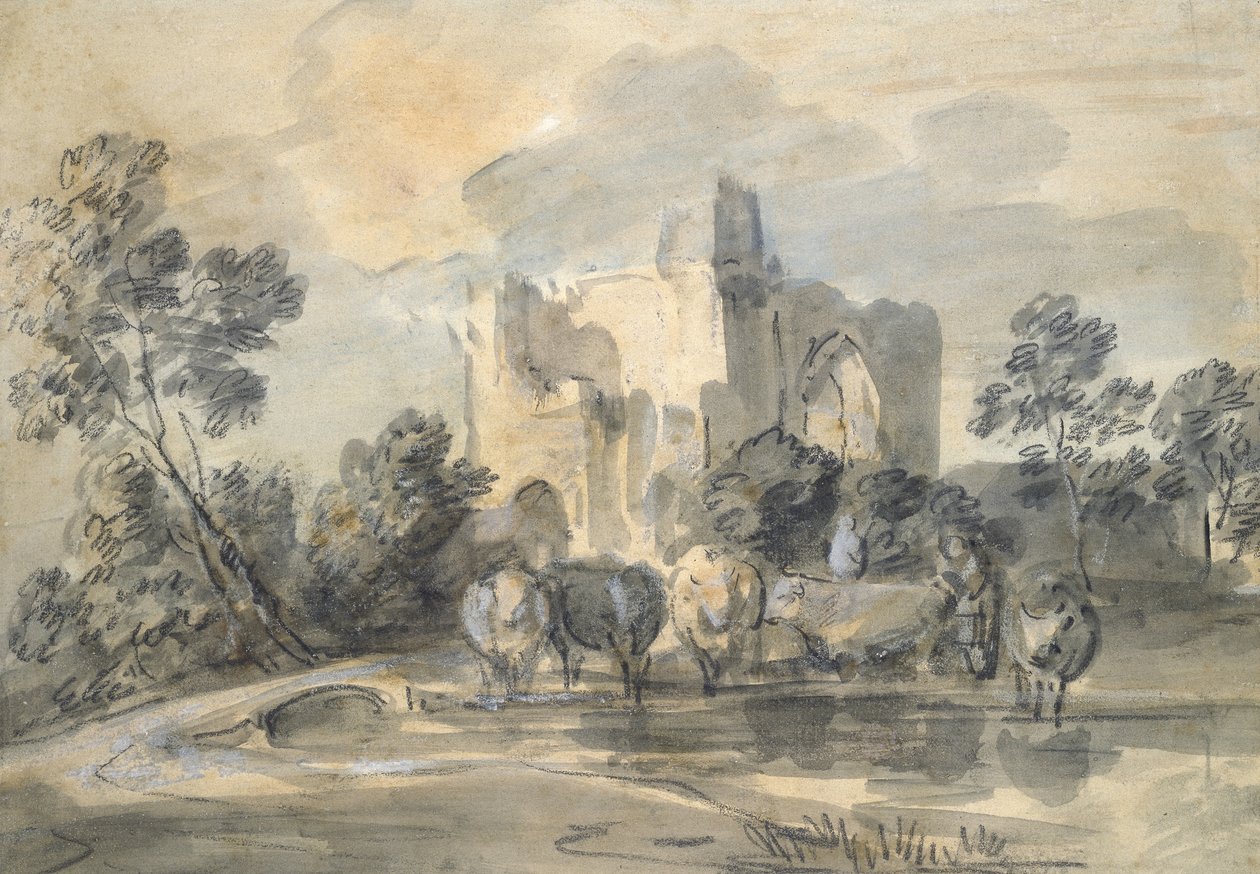 Landskap med et ødelagt slott, og storfe ved et basseng (svart kritt og akvarell, forsterket med hvitt, på blekt brunt papir) av Thomas Gainsborough