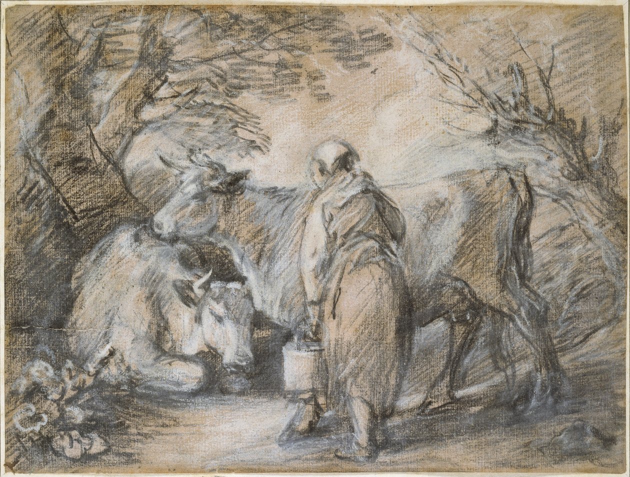 Melkepike med to kyr (svart kritt og stubbe forhøyet med hvitt, på grovt papir forberedt med rosa) av Thomas Gainsborough