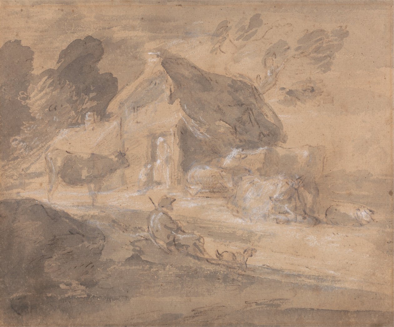 Åpent landskap med figurer, kyr og hytte av Thomas Gainsborough