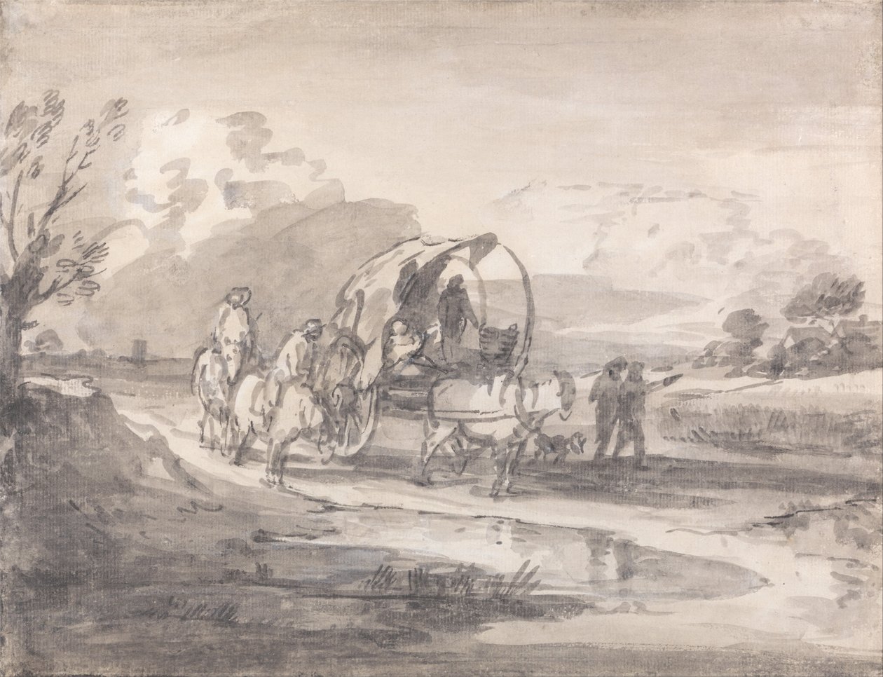 Åpent landskap med ryttere og dekket vogn av Thomas Gainsborough