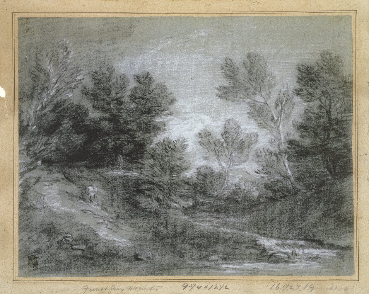 PD.28-1953 A Woodland Stream (kritt på grått papir) av Thomas Gainsborough