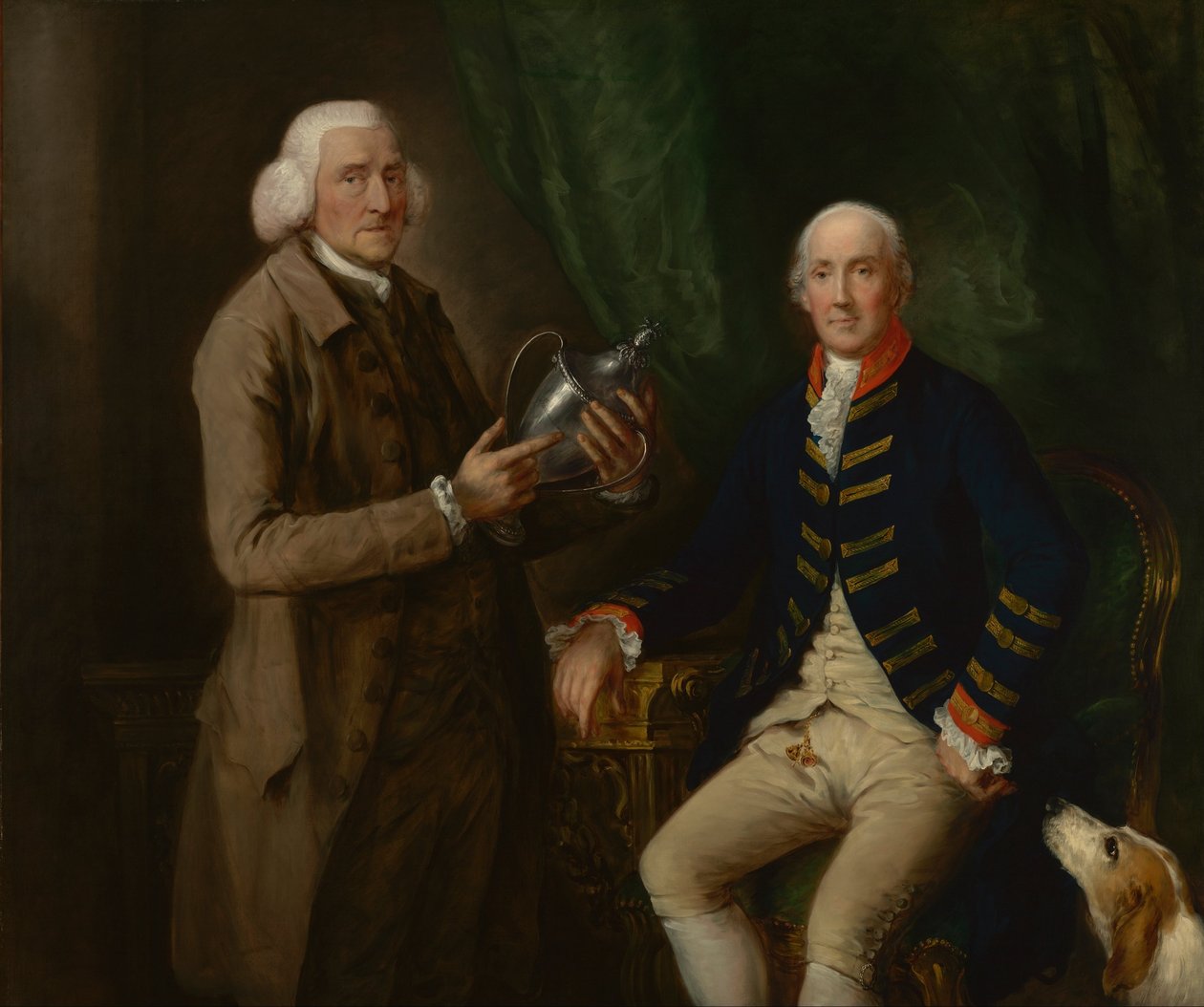 Portrett av William Anne Hollis, 4. jarl av Essex, presenterer en kopp til Thomas Clutterbuck fra Watfor ... av Thomas Gainsborough