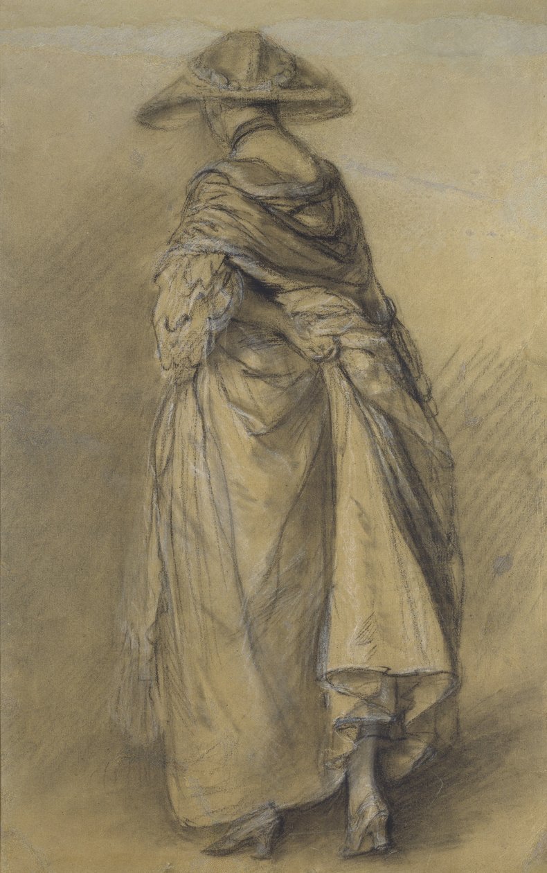 Studie av en kvinne, sett fra baksiden (svart kritt og stubbe, forsterket med hvitt på gråaktig brunt papir) av Thomas Gainsborough