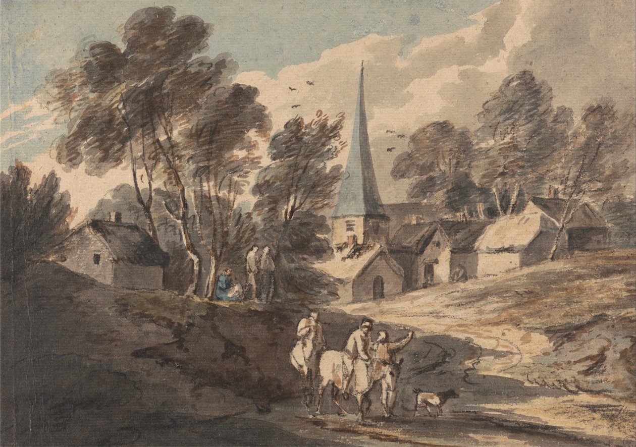 Reisende til hest nærmer seg en landsby med et spir av Thomas Gainsborough