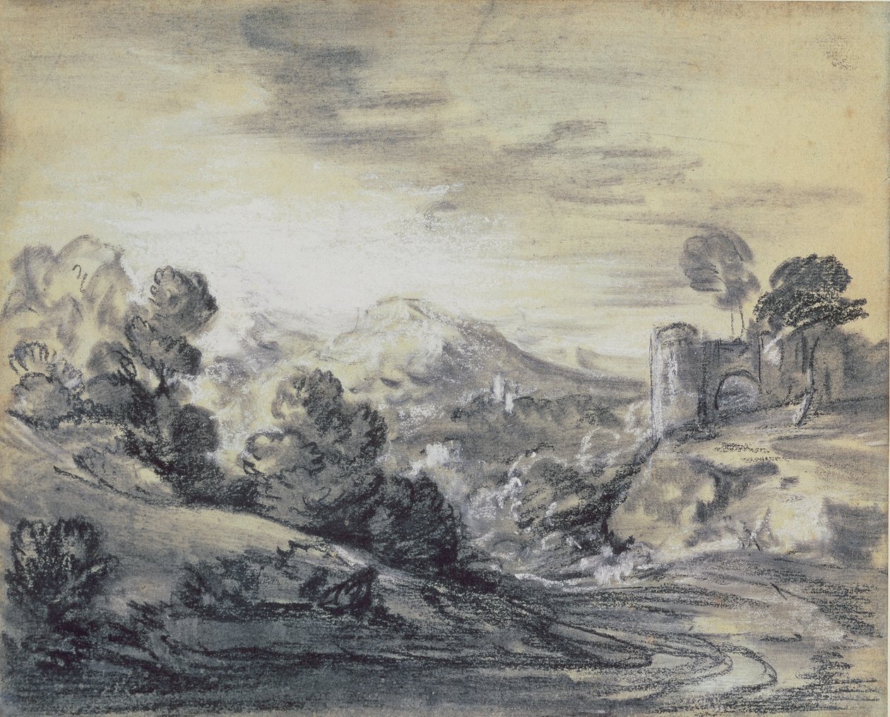 Skoglandskap med slott, ca. 1785-88 (svart og hvitt kritt på lagt papir) av Thomas Gainsborough
