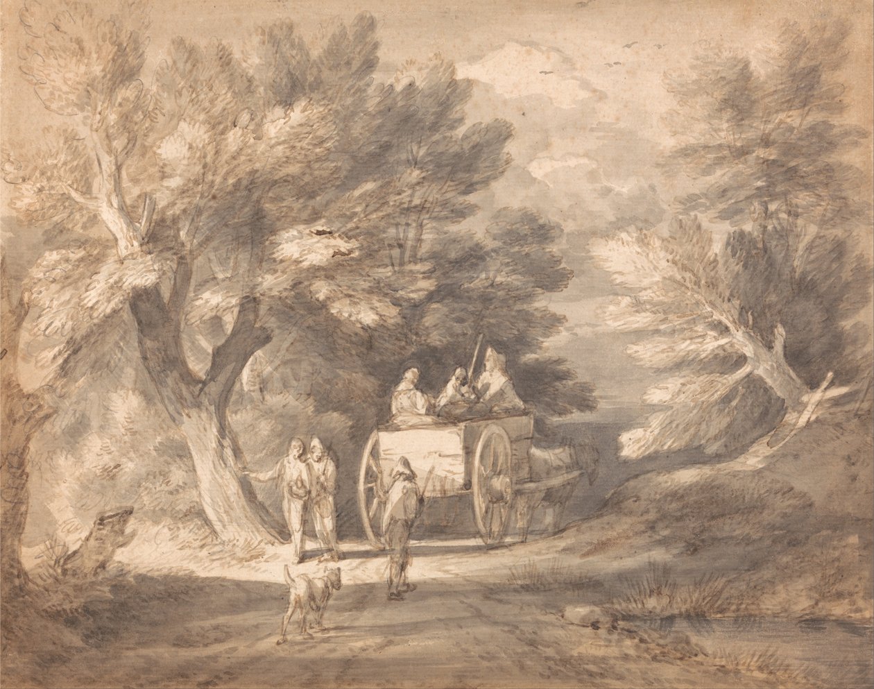 Skogsbevokst landskap med Country Cart og figurer som går nedover en bane av Thomas Gainsborough