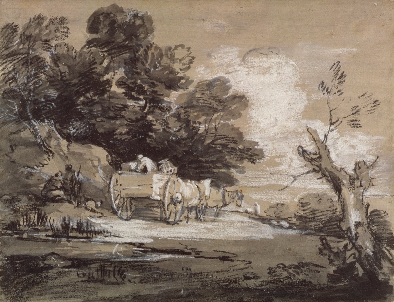 Skoglandskap med landvogn og figurer, ca. 1785-88 (svart og hvitt kritt med vask på papir) av Thomas Gainsborough