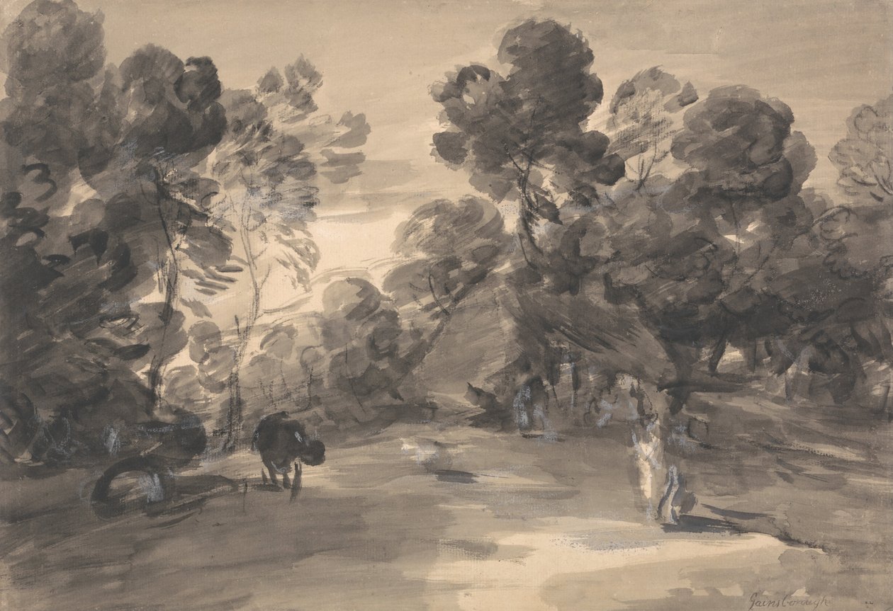 Skogsbevokst landskap med figurer, hytte og ku av Thomas Gainsborough