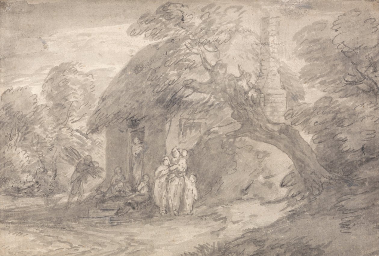 Skogsbevokst landskap med figurer utenfor en hyttedør av Thomas Gainsborough