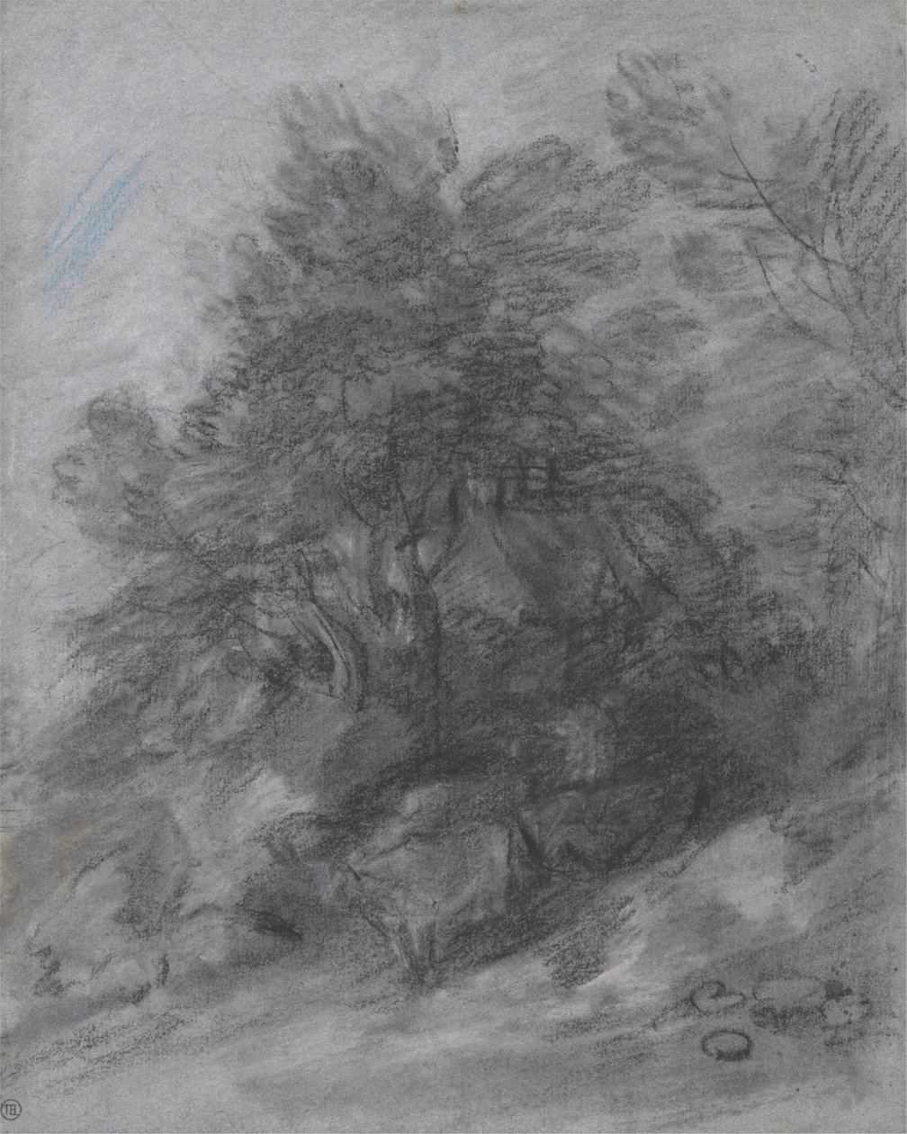 Skogsbevokst landskap med gjeter, kyr og hytte av Thomas Gainsborough