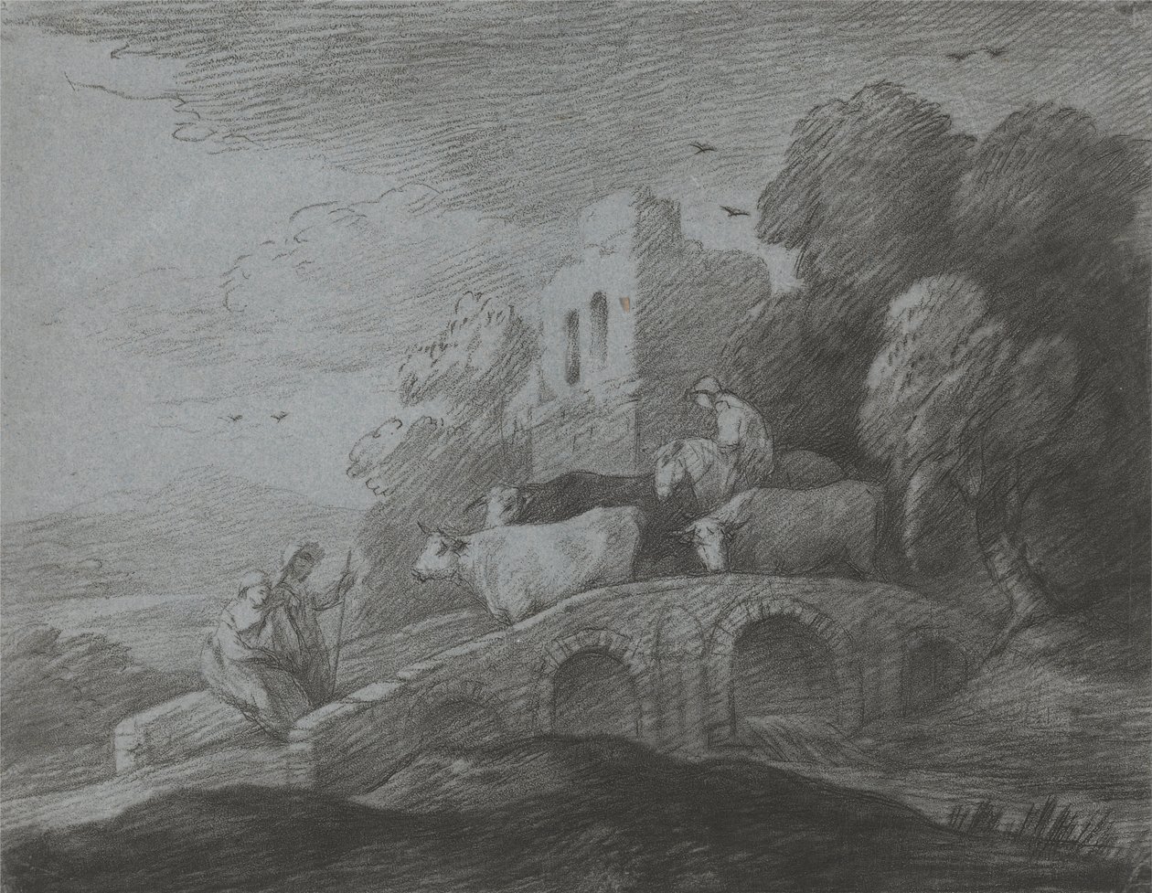 Skogsbevokst landskap med gjeter som driver storfe over en bro, rustikke elskere og ødelagt slott av Thomas Gainsborough