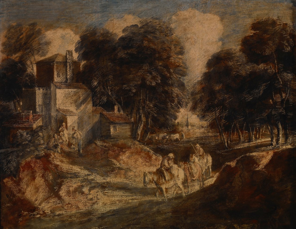 Skogsbevokst landskap med monterte bønder av Thomas Gainsborough