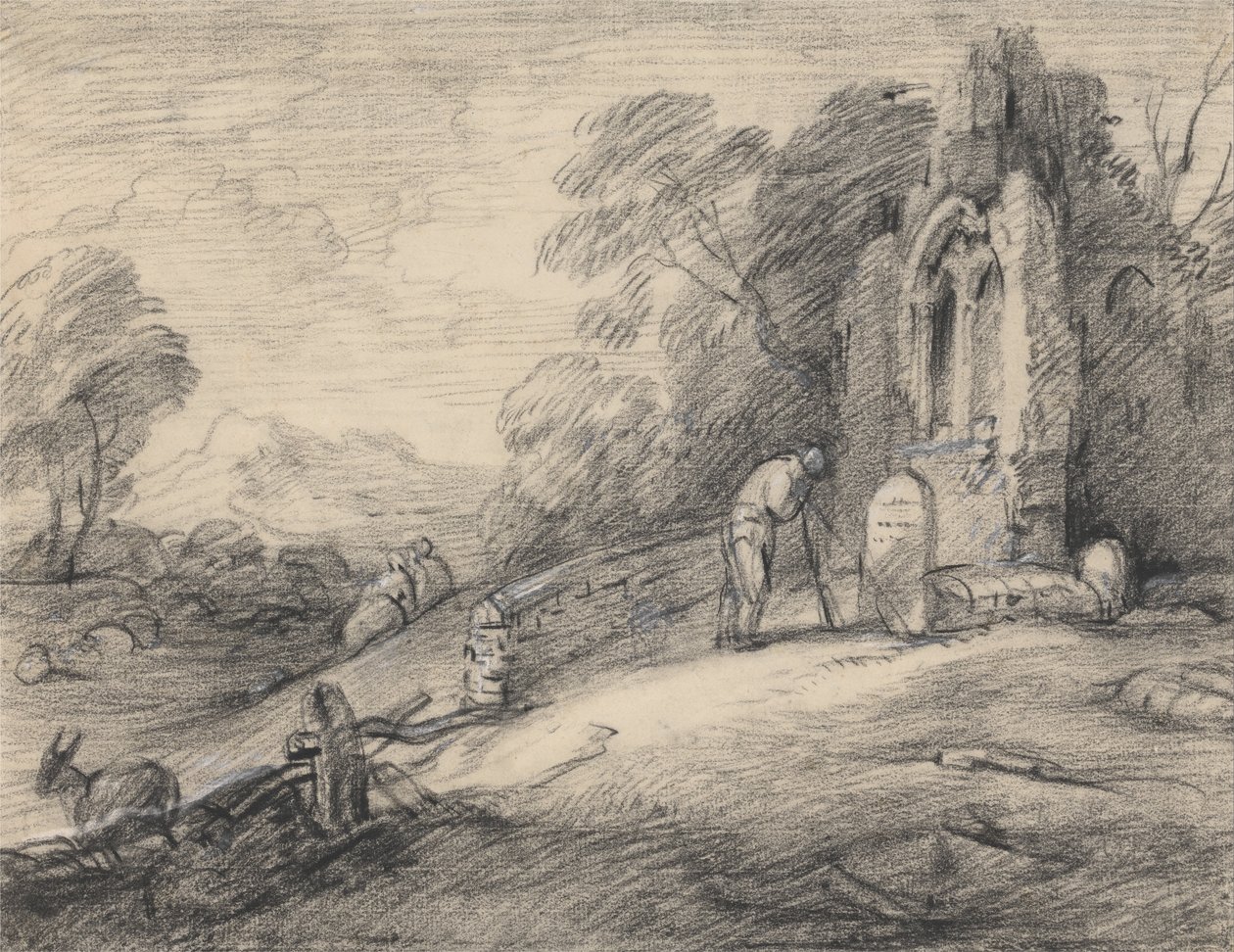 Skogsbevokst landskap med bonde som leser en inskripsjon på en gravstein ved siden av en ødelagt kirke, figurer, ... av Thomas Gainsborough
