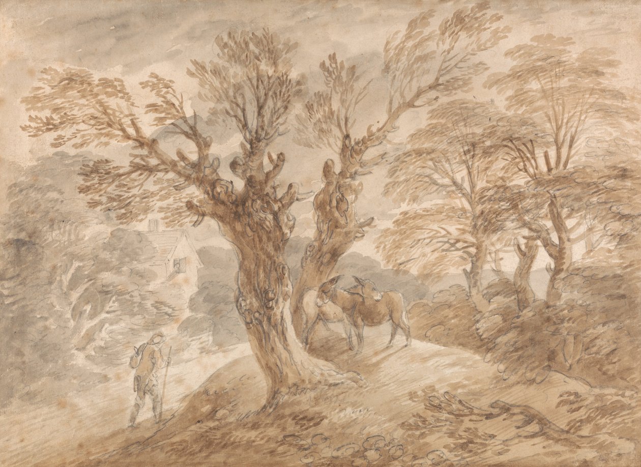 Skogsbevokst landskap med bonde og esler av Thomas Gainsborough
