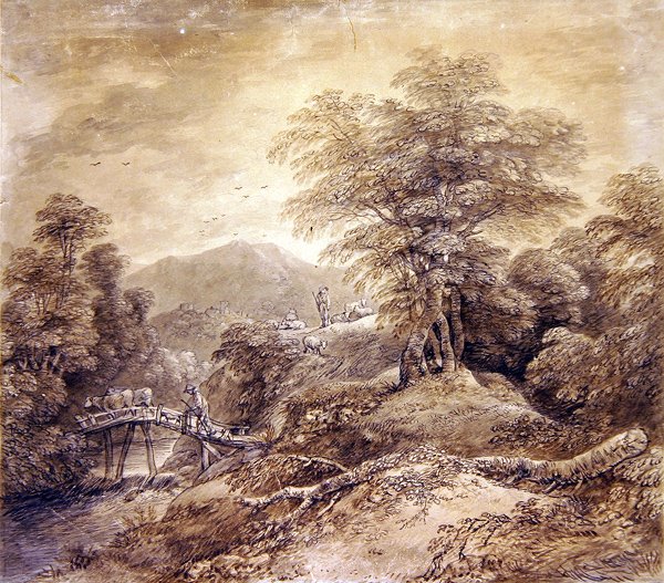 Wooded Mountain Landscape Herdsman & Cows Crossing, 1759 (penn, blekk og wc på papir) (se også 352793) av Thomas Gainsborough