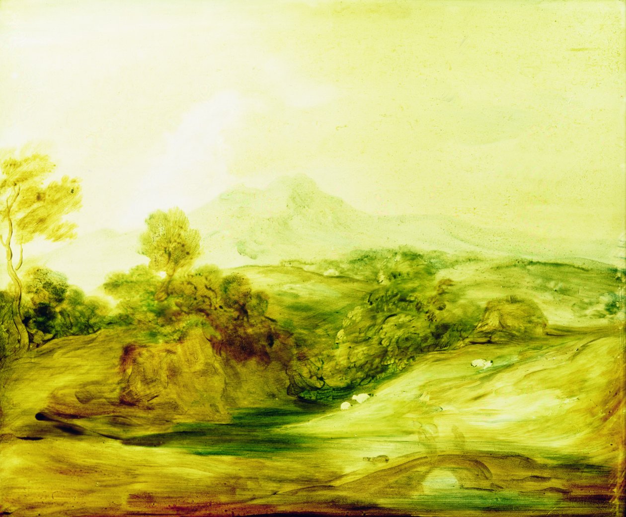 Skogkledd elvelandskap med figurer på en bro, ca. 1783-4 (maling på glass) av Thomas Gainsborough