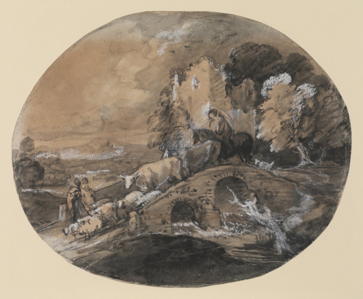 Skoglandskap med gjeter som kjører storfe over en bro, bønder og et slottsruin, 1781 (svart blekkvask, svart kritt forhøyet med hvitt på papir) av Thomas Gainsborough