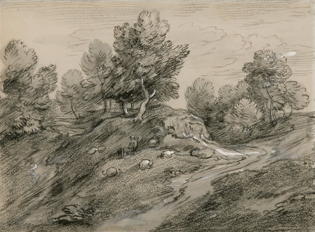 Skogsbevokst høylandskap med gjeter og sauer og landsspor som snor seg rundt en bolle av Thomas Gainsborough