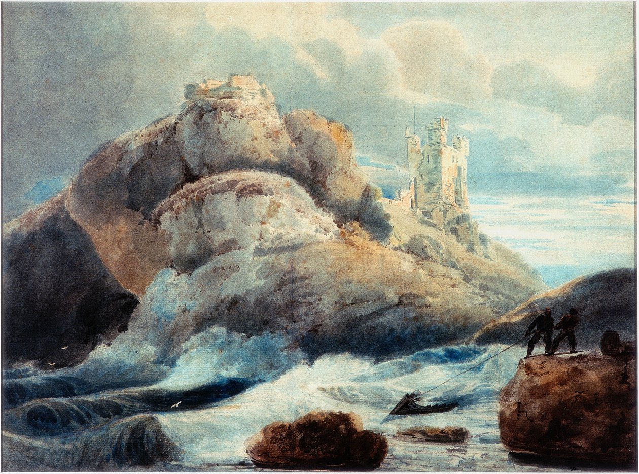 Dunstanborough Castle - The Lilburn Tower (blyant og akvarell på papir) av Thomas Girtin
