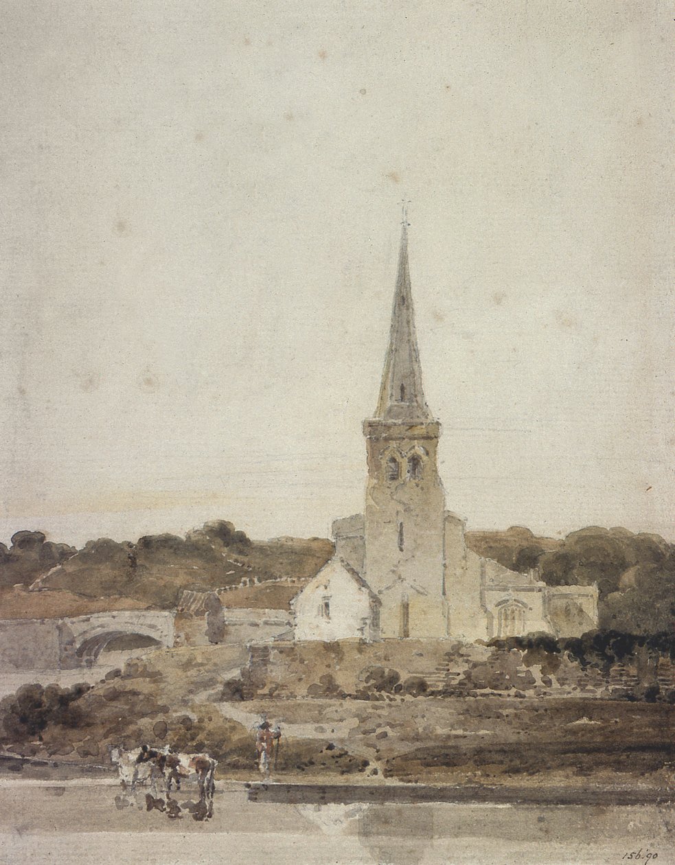 Landskap med en kirke ved siden av en elv (wc) av Thomas Girtin