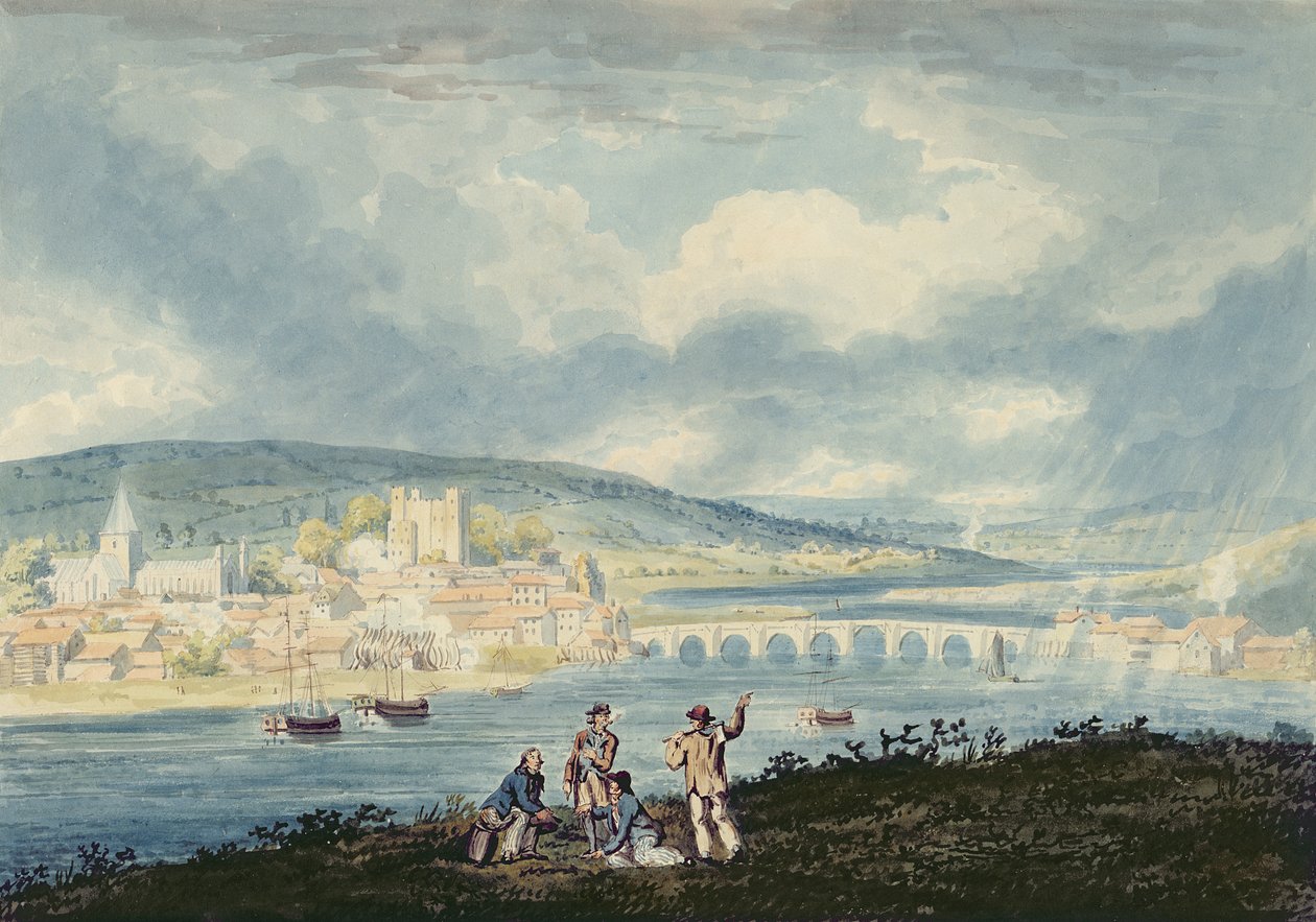 Rochester, fra nord, ca. 1790 (wc over blyant med vask på papir) av Thomas Girtin